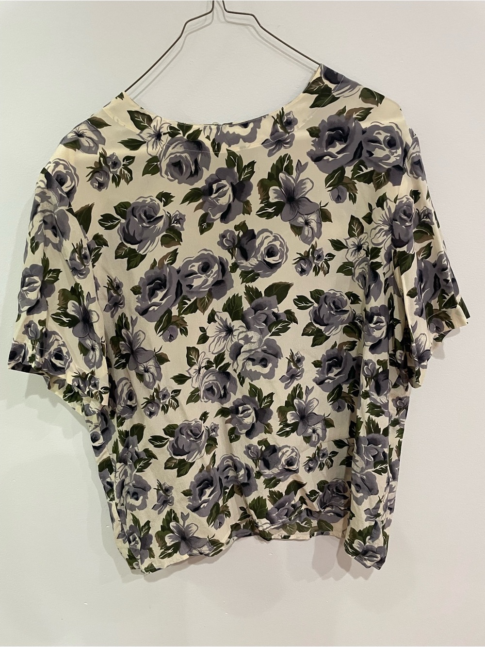 Anna and Frank Vintage 100% Silk Short Sleeve White & Green Floral Blouse Large